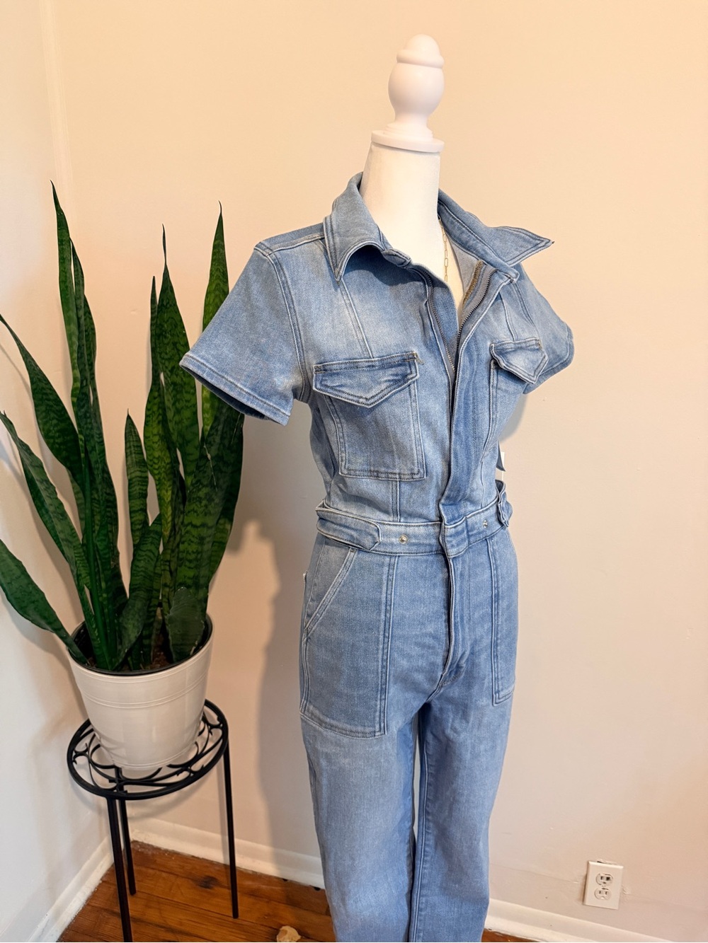 Good American Fit for Success Short Sleeve Denim Jumpsuit Blue GMJS731SO Size M - Picture 2 of 13